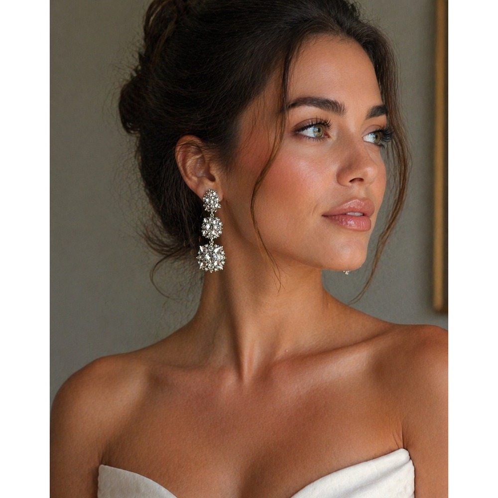 Vintage Silver Tone Rhinestone Pearl Cluster Drop Earrings Bridal Statement Glam